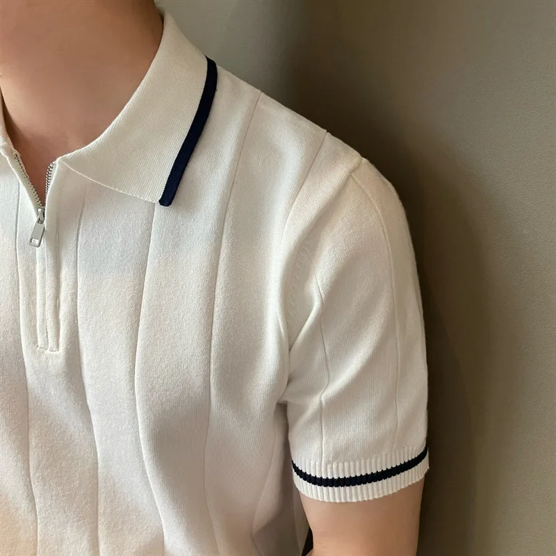 2026 Summer Short-sleeved Lapel Casual Knitted Sweater Simple Small Fragrant Concave-convex Striped Half-zipper Men