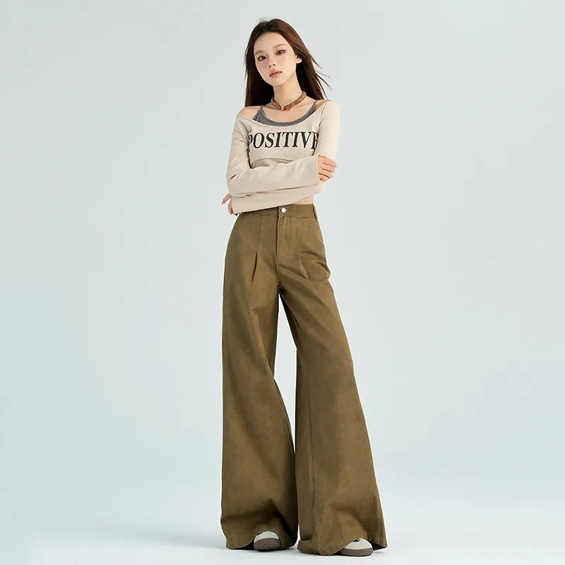 

ZHISILAO New Khaki Wide Leg Jeans Women Vintage Baggy Loose Floor Length Denim Pants Streetwear 2024