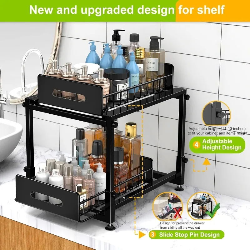 Organizadores de Cozinha e Armazenamento com Correr, 2-Tier, Pull Out Cabinet Organizer, Altura Ajustável, Metal Rack