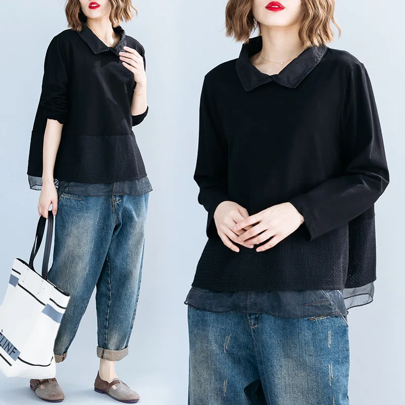 Loose Fit Lace Ogees Long Sve irt Artistic Women's Faion Autumn New Sle Korean Version Big Size Patchwork Sweatirt
