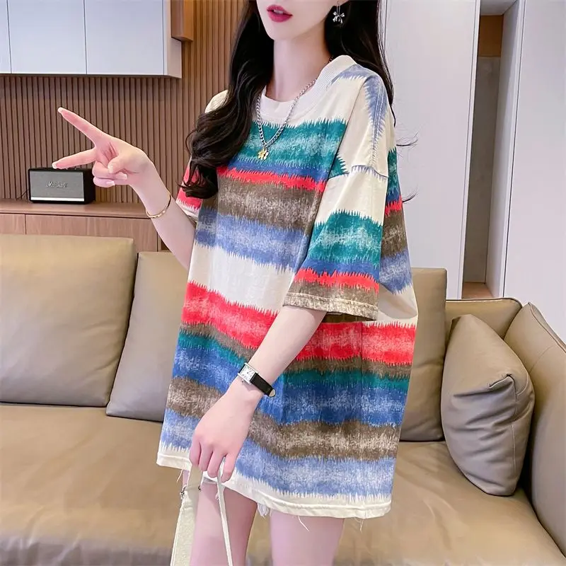 T-shirt a maniche corte in puro cotone Abbigliamento estivo di media lunghezza da donna Nuovo design a righe Top pigro allentato Ins Trend