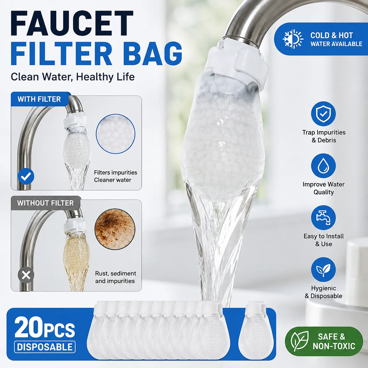 20/100PC Faucet Nylon Mesh Filter Bag, Rust & Impurity Removal Water Strainer for Kitchen Bathroom Sink Accessories