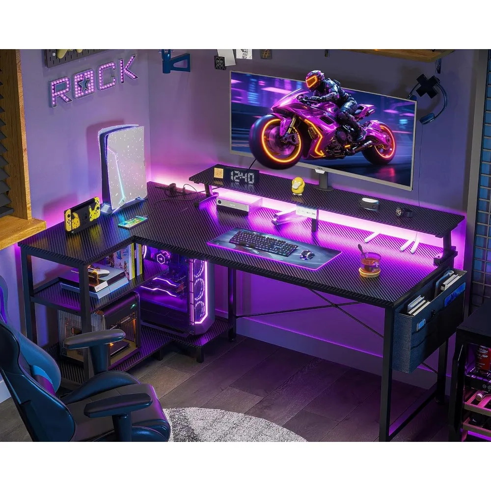 L-Shaped Gaming Desk 48 Inch with USB Charging, LED Lights, Storage Shelves and Monitor Stand for Optimal Computer Setup