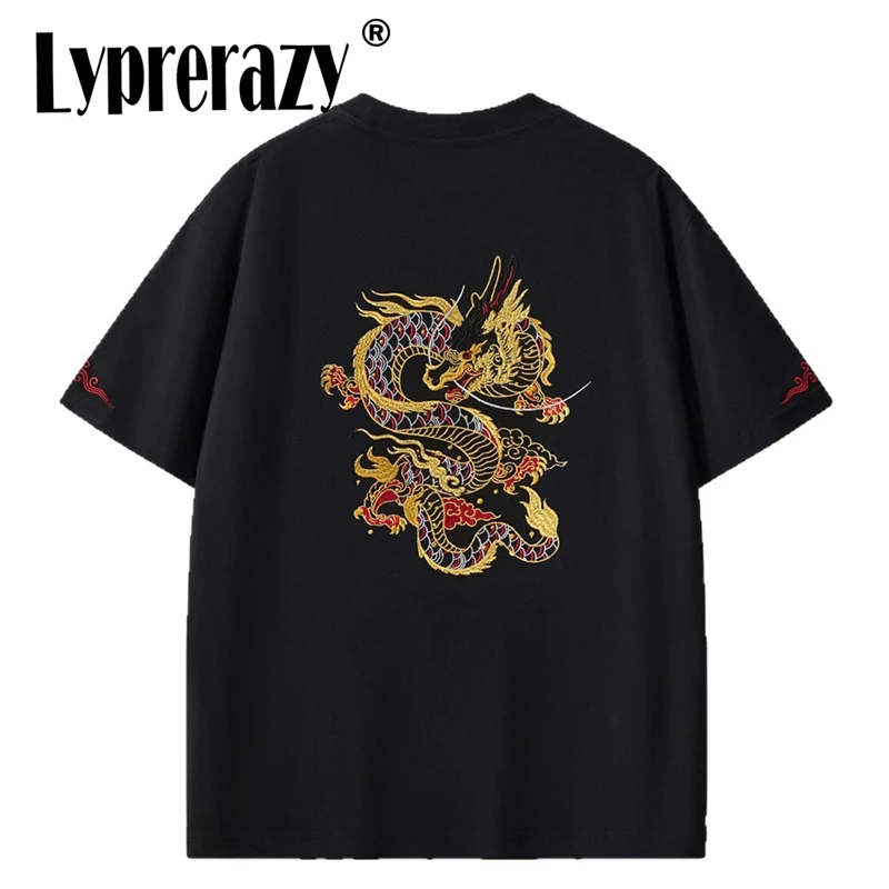 Lyprerazy New Round Neck Short-sleeved Men's Pure Cotton Trendy Brand Gold Thread Dragon Embroidery Loose T shirt Tee