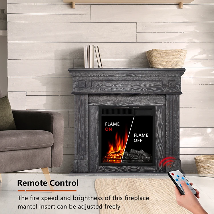 เตาผิงไฟฟ้าแบบตั้งพื้นทรงสูง ลายไม้สีเทา พร้อมรีโมทคอนโทรล