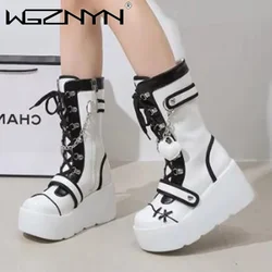 2024 Kawaii Sweet Gothic Platform Mid Calf Boots Women Street Autumn Wedges High Heels Punk Boots Girls Cute Cosplay Women Shoes
