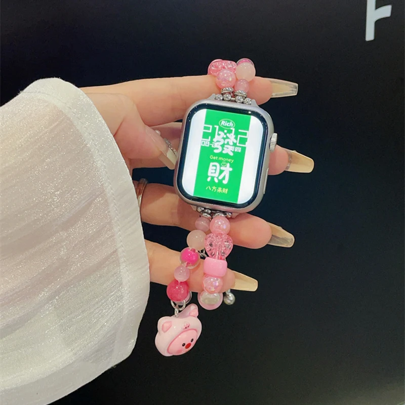 Apple Watch用ピンクビーズブレスレット,ピンクのペンダントバンド,iwatchシリーズ用かわいい9, 8, 7, 6,se,5,4,ultra,correa 44mm, 41mm, 45mm 40mm、38mm