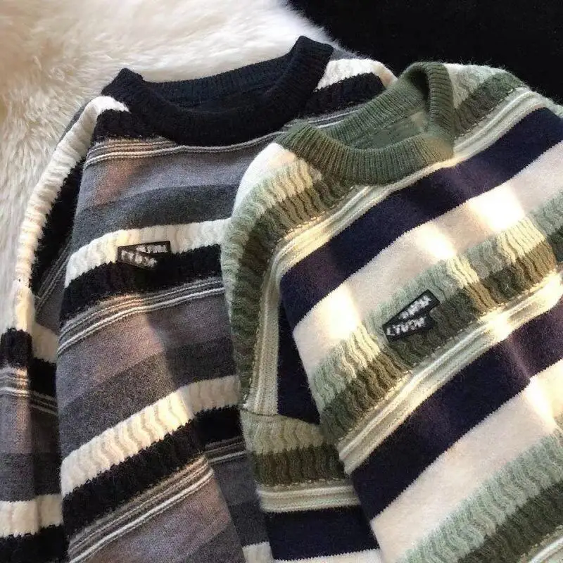 

Осень и зима, новый толстый полосатый свитер больших размеров, мм для студенток, ленивый трикотаж, свободная модная домашняя одежда