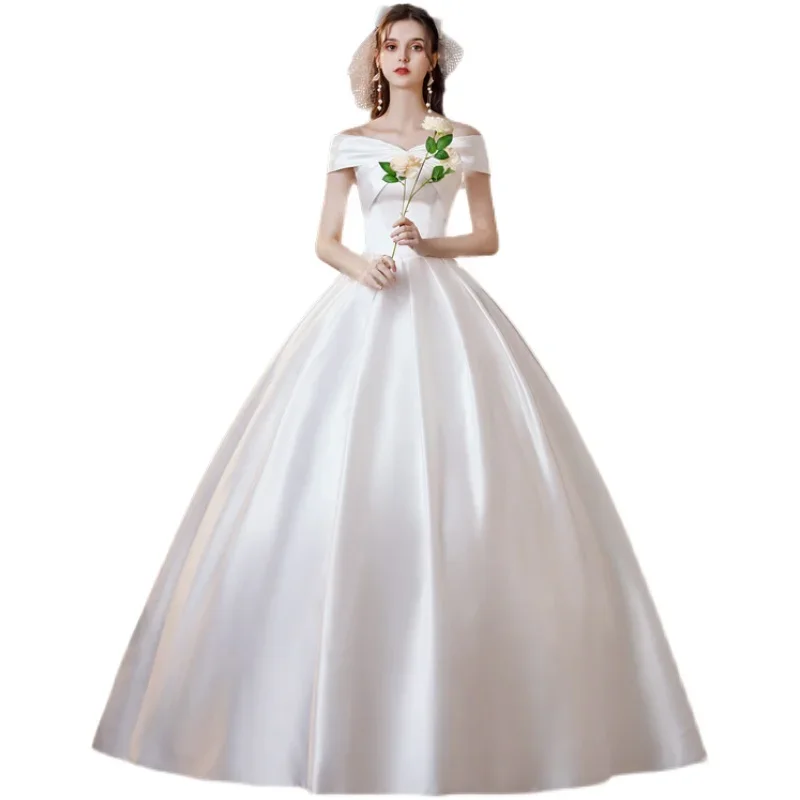 Sweet Memory Lady Princess Satin Wedding Dress Boat Neck Short Sleeve Ball Gown Fshion Bridal Dresses