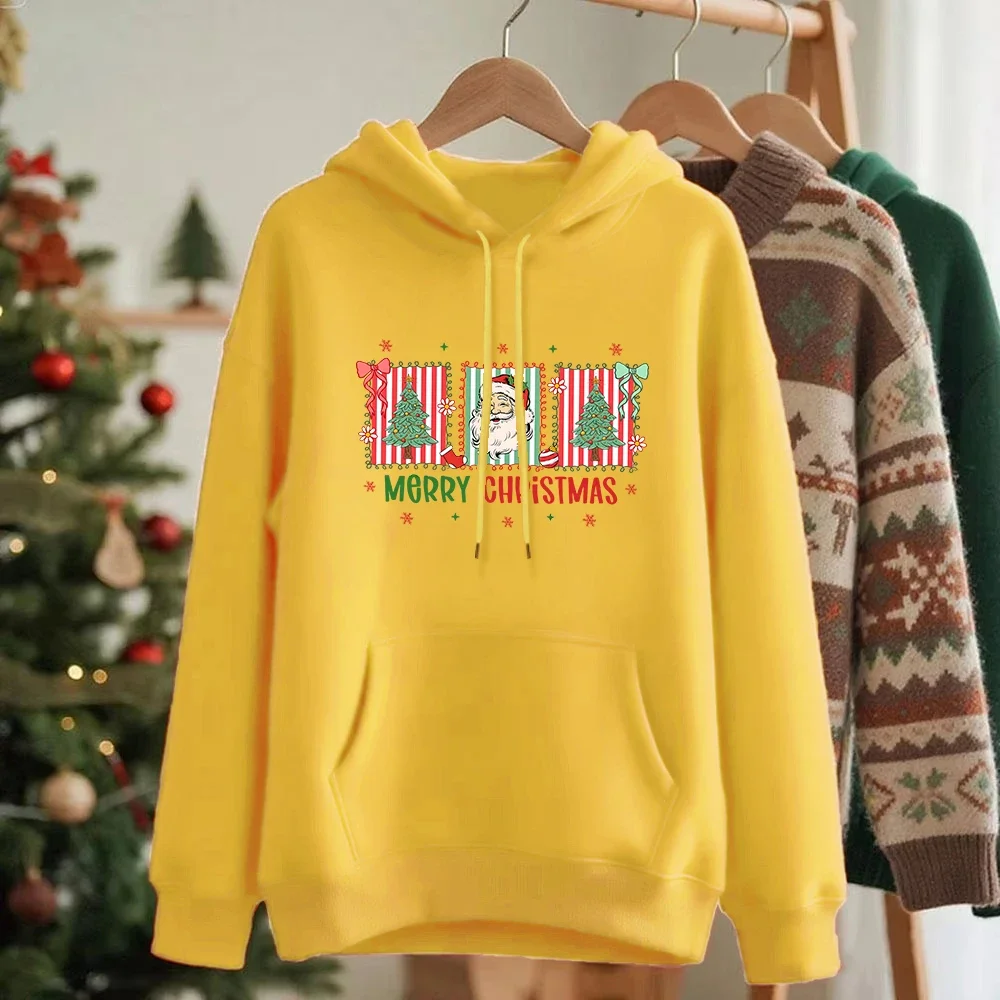 Merry Christmas Santa Claus Trees Print Hoodies Women Casual Loose Sweatshirt Winter Fleece Pullover Basics Pocket Clothes Cheap