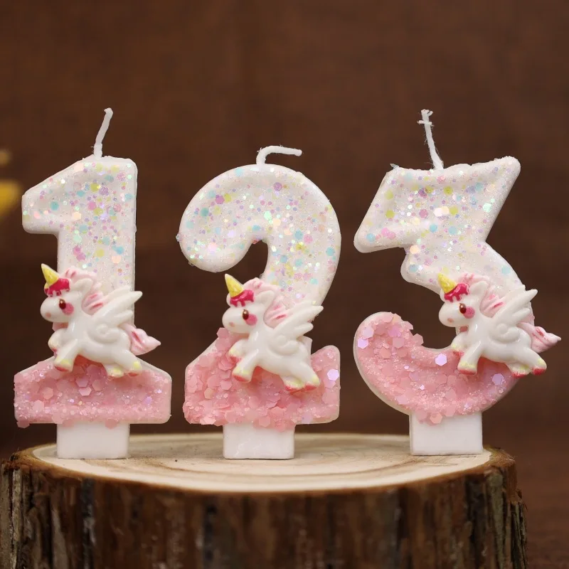 Happy Birthday Candles Pink Unicorn 4 Year Baby Candle Decoration For Cake Glitter Birthday Candle Party Anniversary Decorate