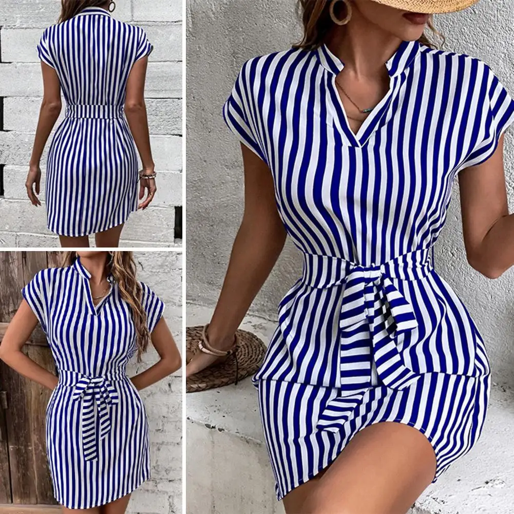 

Retro Style Dress Striped V-neck Mini Dress with Waist-cinching Ties for Women Office Vacation Dress Vertical Print Summer Short