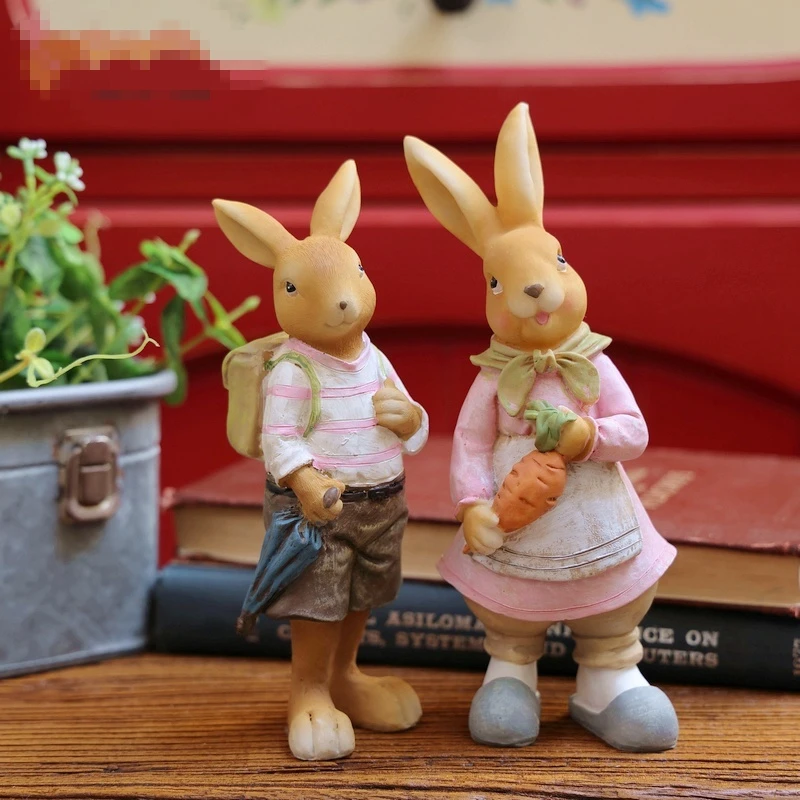 

2Pcs Country travel bunny couple ornaments living room cute desktop decoration creative rabbits furnishings