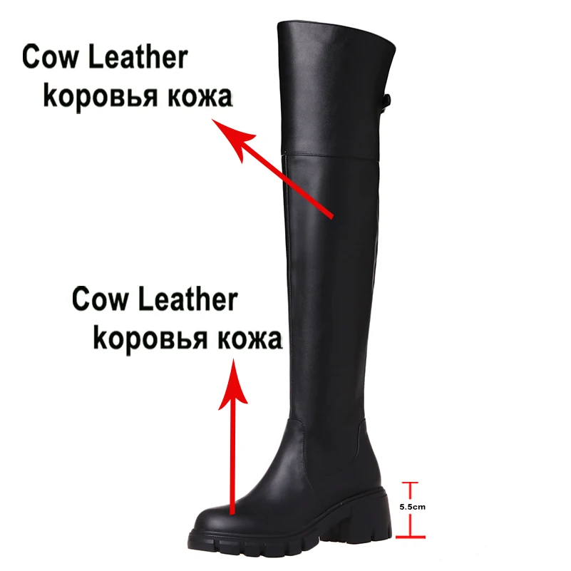 Meotina Women Genuine Leather Over-the-Knee Long Boots Round Toe Platform Thick High Heel Zipper Buckle Lady Shoes Autumn Winter