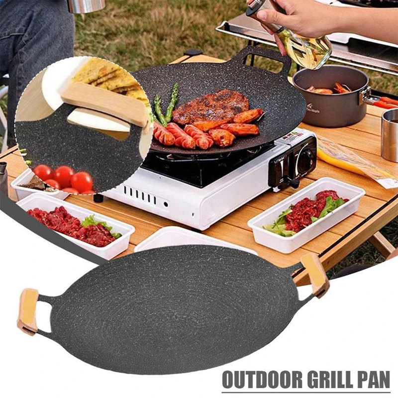 28CM Non Stick Grill Pan with Wooden Handle Round Iron Barbecue Plate Outdoor Travel Camping Frying Pan Barbecue Household