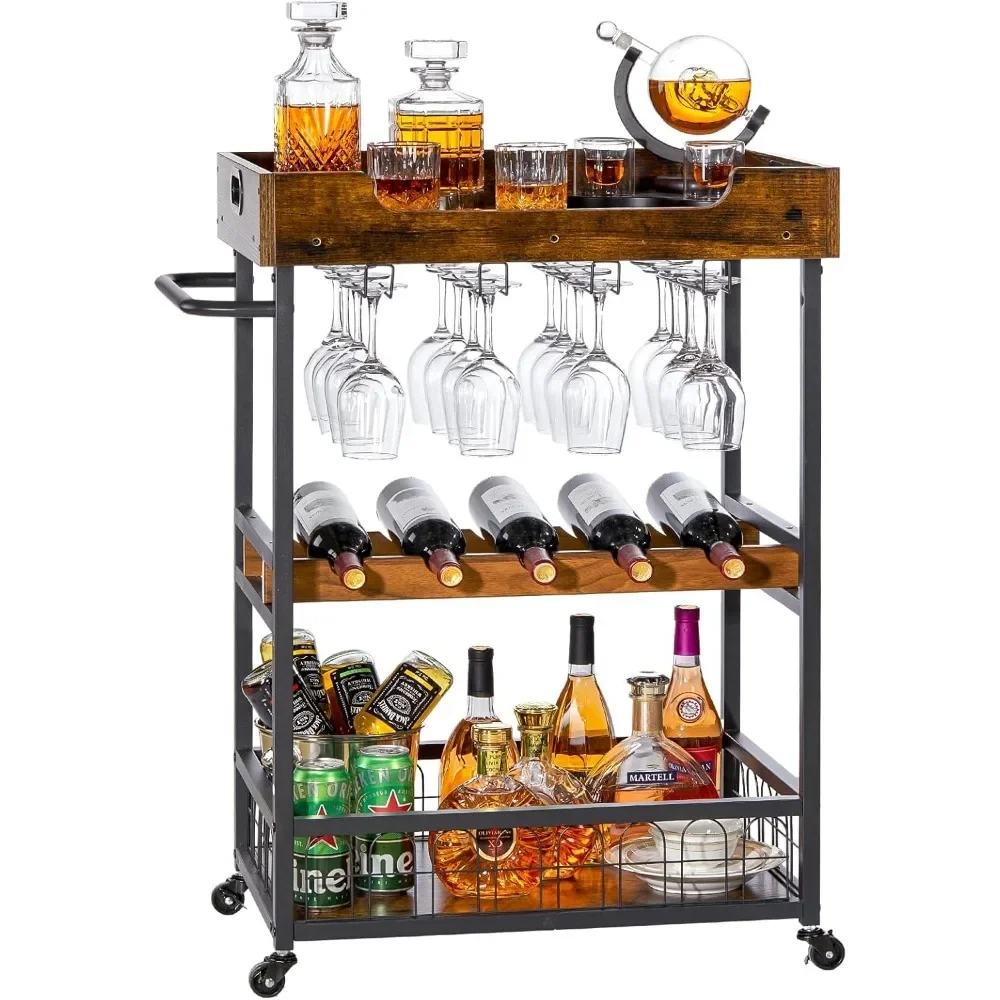 

Bar cart, mobile kitchen service cart with storage and glass shelves, removable trays, industrial wine cart with handles