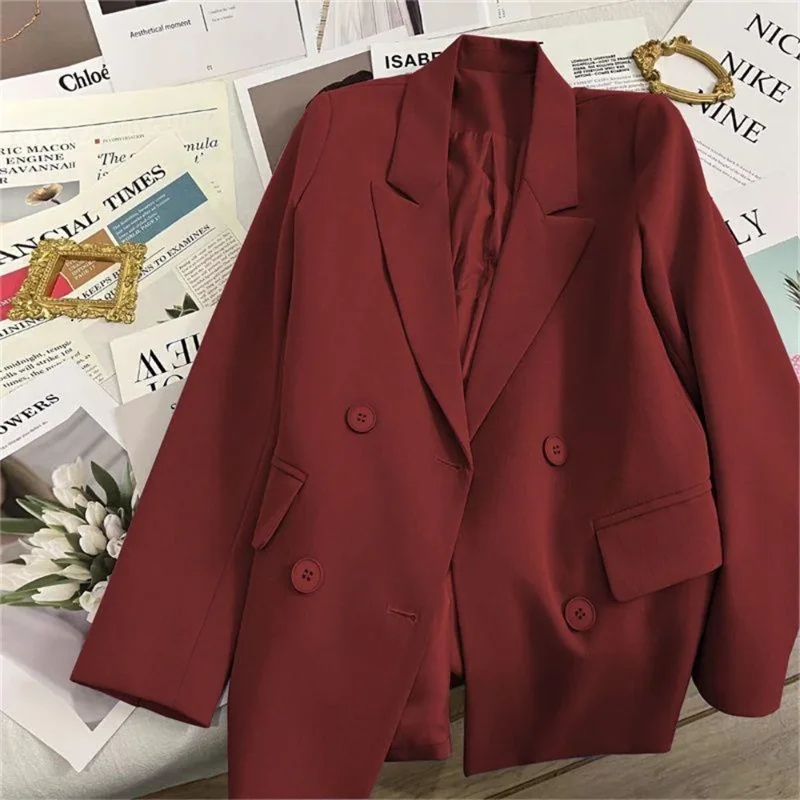 2026 Spring Autumn Korean Style Casual Office Ladies Coat Vintage Double-breasted Female Overcoat Top Women's Suit