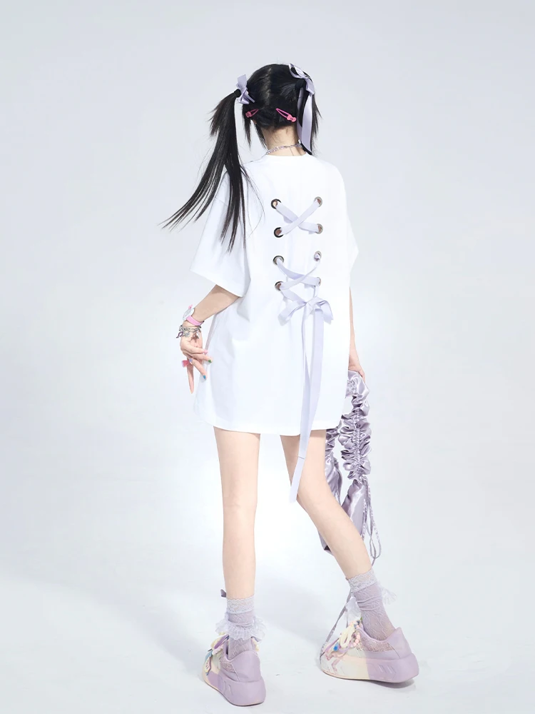 T-shirt à manches courtes pour femmes, bretelles à nœud, Design Original, ample, doux, Cool, haut polyvalent, vêtements Y2k, été