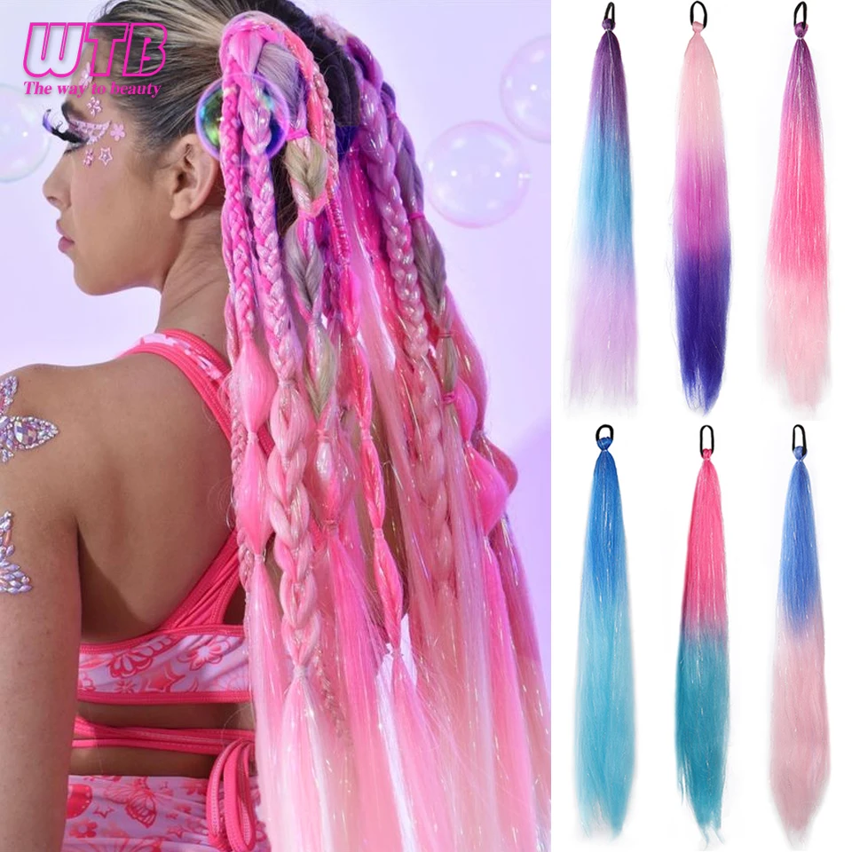 Synthetic Colorful Hair Extensions Ombre Braid Ponytail Blend Hair Tinsel with Hair Tie Hair Day Accessories For Women Girls