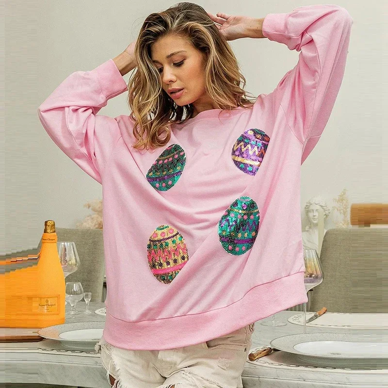 Sequin Sweatshirt Easter Egg Pullover Knitted Spring Casual Loose O-Neck Long Sleeve Hoodies Office Lady Style Lsdy's Clothing