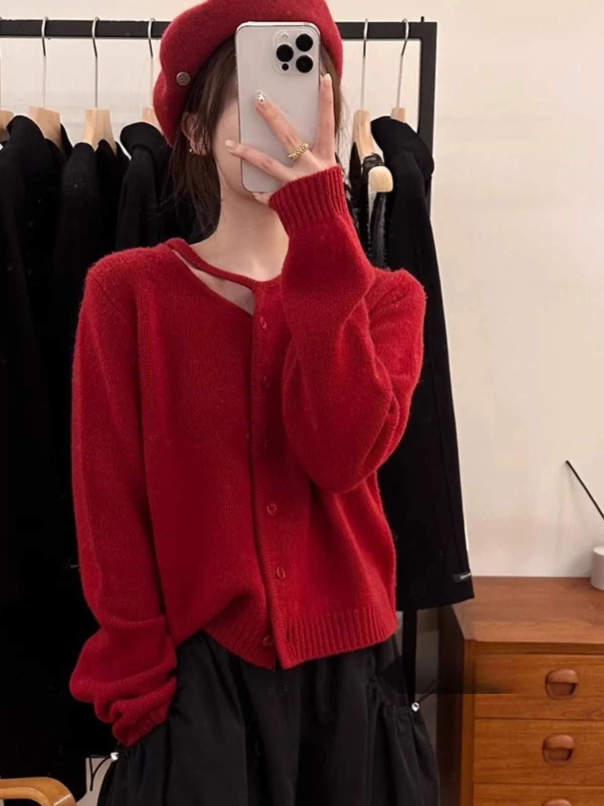 

Корейский вязаный кардиган с мехом красного медведя, женский новый дизайн, свитер Ele, длинный свитер свободного покроя, осенняя одежда