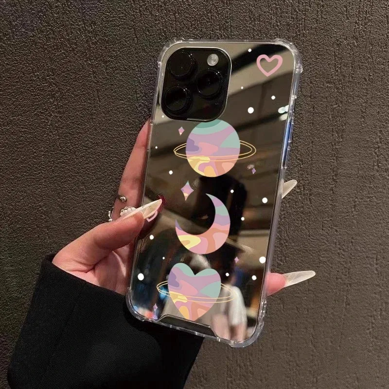 Colorful Moon Heart Pattern Mirror Case For Samsung Galaxy S25 S24 S23 S22 S21 Ultra Plus FE A06 A14 A23 A36 A52 A55 A56 Cover