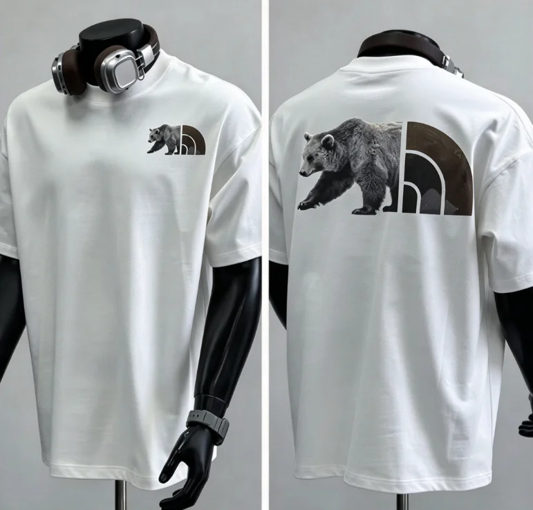 2026 new Double Sided Wild Bear And Geometric Arch Graphic T Shirt Unisex White Short Sleeve Streetwear Casual Loose Daily Top