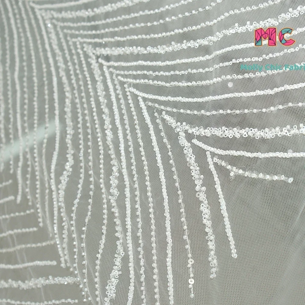 New Feather Pattern Bead Embroidery Mesh Fabric Sewing Wedding Dress And Evening Dress DIY High End Customized Clothing Fabric