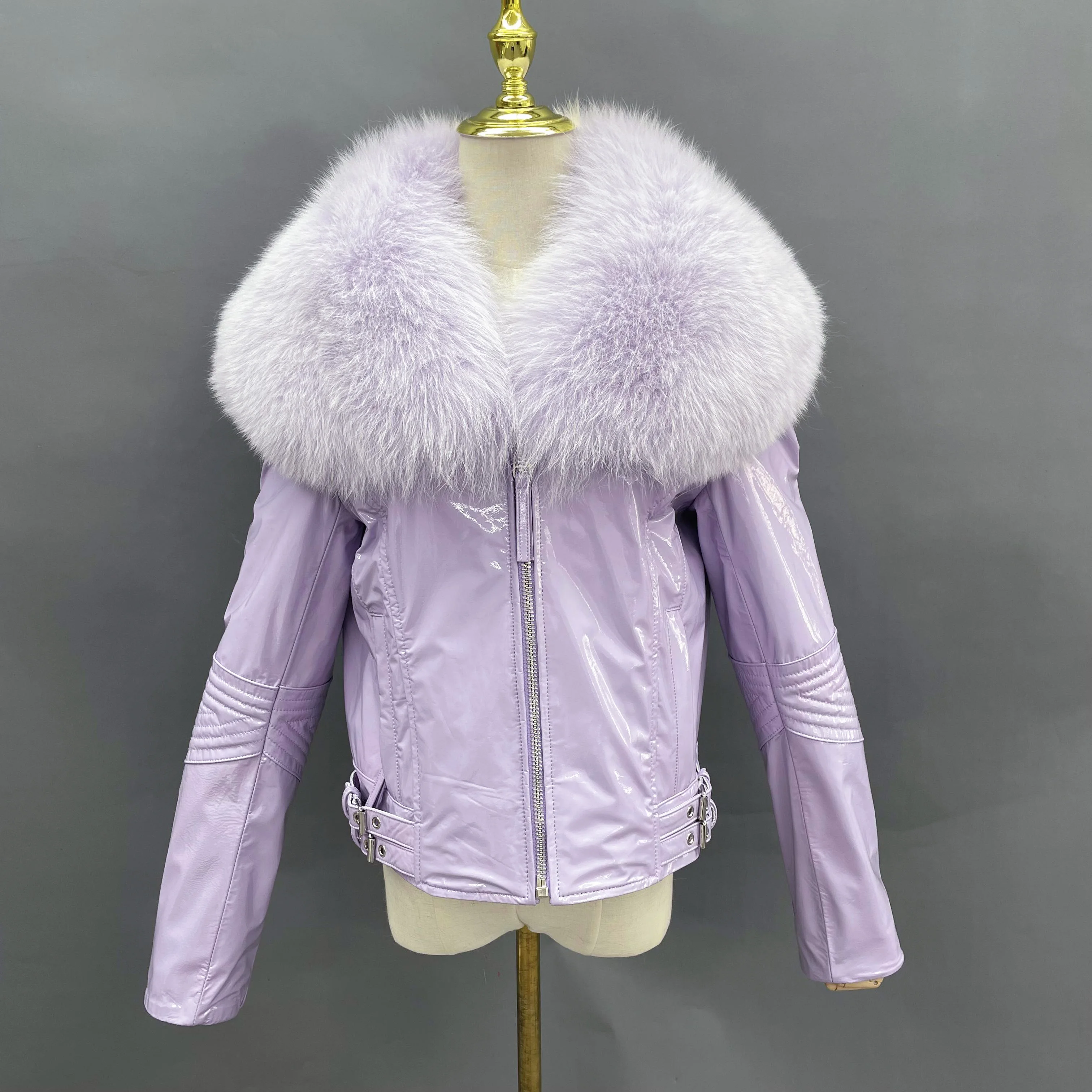 Janefur Company Fox Fur Collar Real Leather Jacket Women Shiny Patent Leather Coat