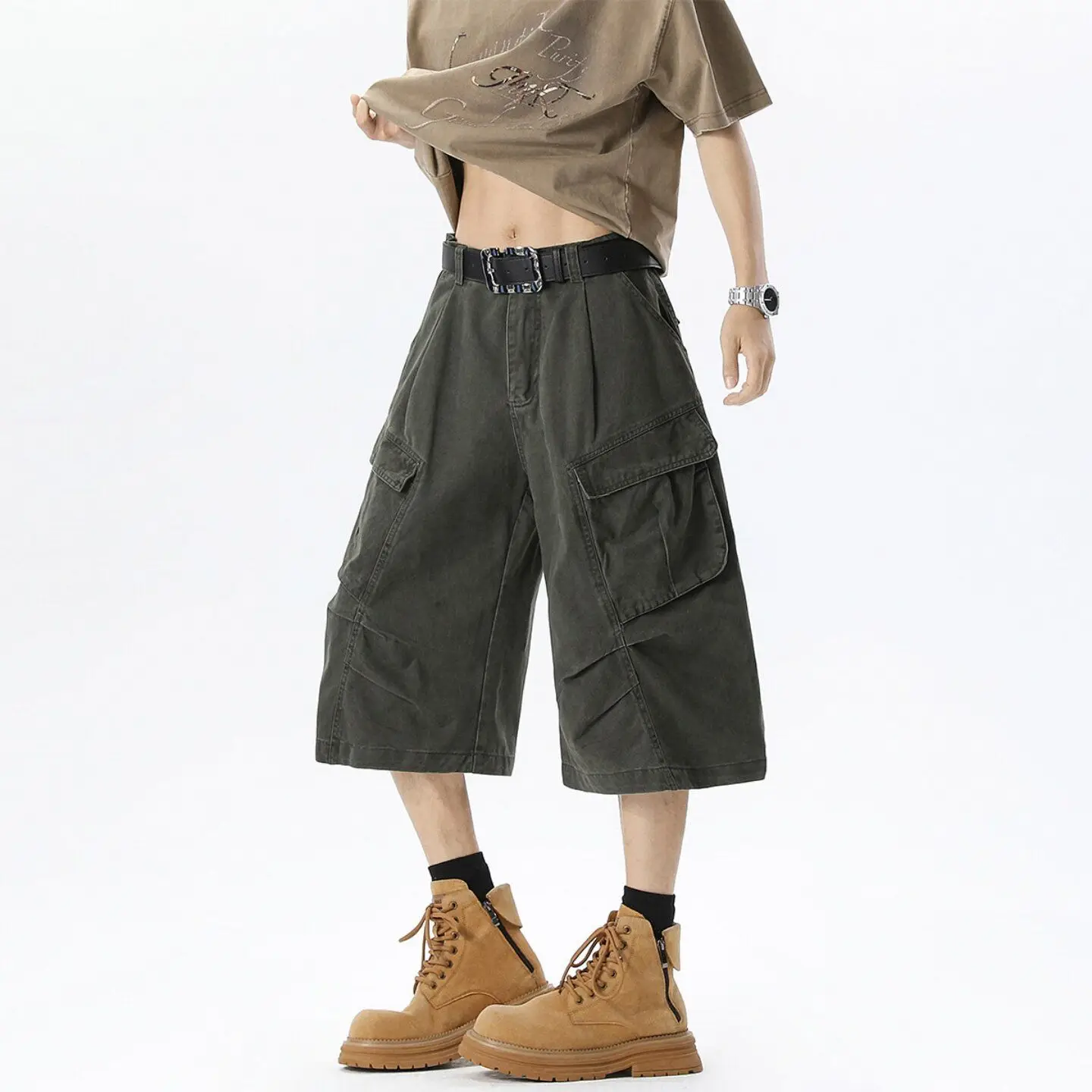 Multi-pocket Washed Tooling Cropped Pants Men's 2026 Summer New Loose Wide-leg Casual Shorts