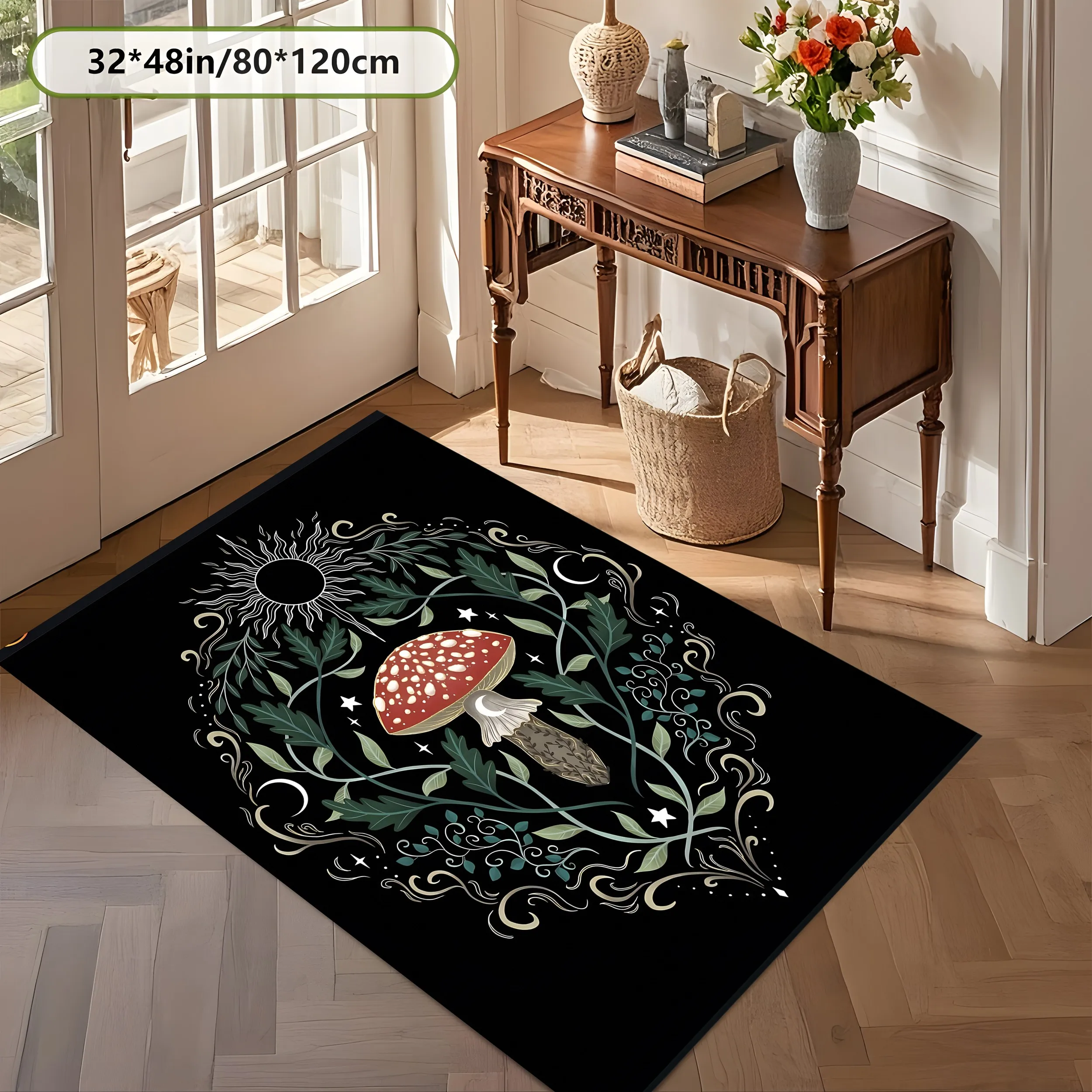 2D Large Carpet Red Mushroom Vine Starburst Dark Retro Style for Living Room Bedroom