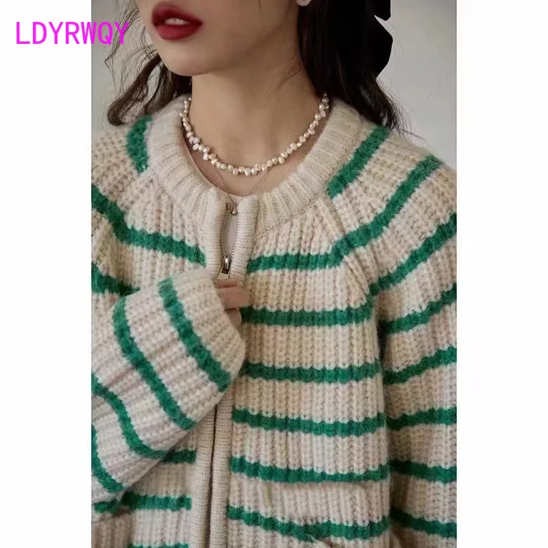 Striped double zipper thick thread sweater jacket women's short autumn and winter new French vintage knit cardigan trend