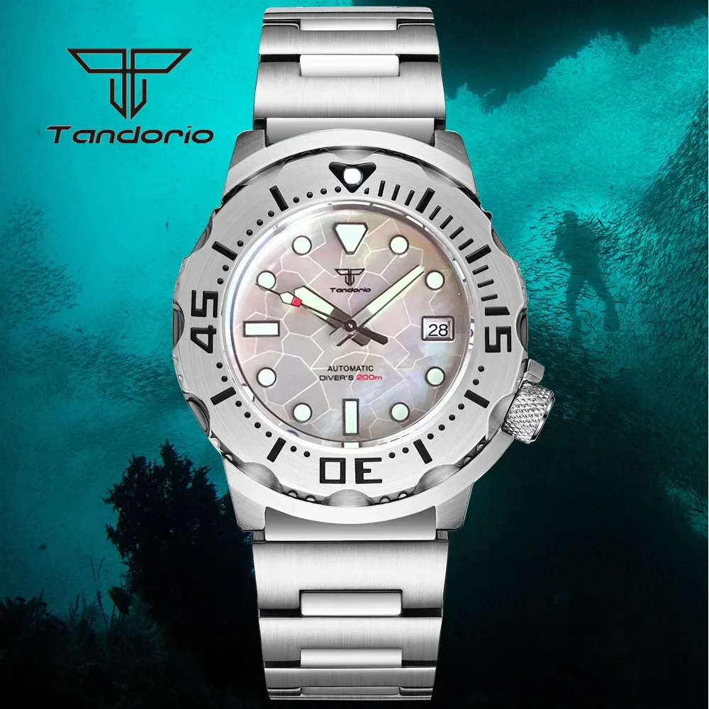 

Tandorio NH35A Date Mother of Pearl Dial 42mm Monster 20ATM Dive Mechanical Automatic Watch for Men AR Sapphire Glass 3.8 Crown