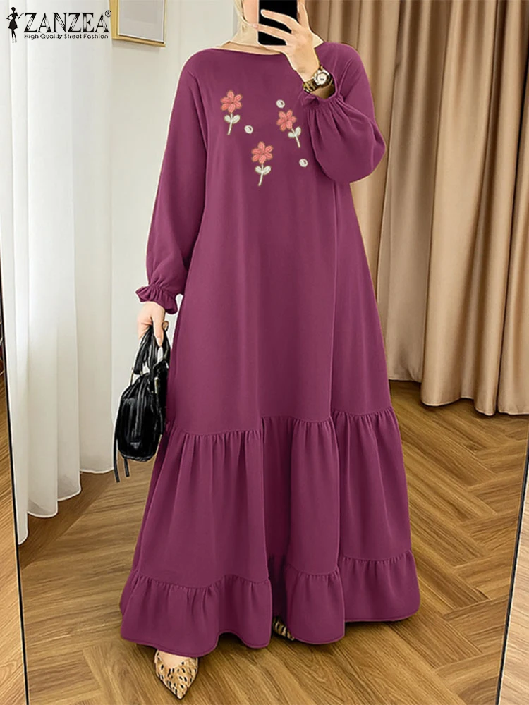 2025 ZANZEA Autumn Dresses Muslim Abaya Robe Femme Women Embroidery Maxi Sundress Long Lantern Sleeve Sundress Kaftan Vestidos