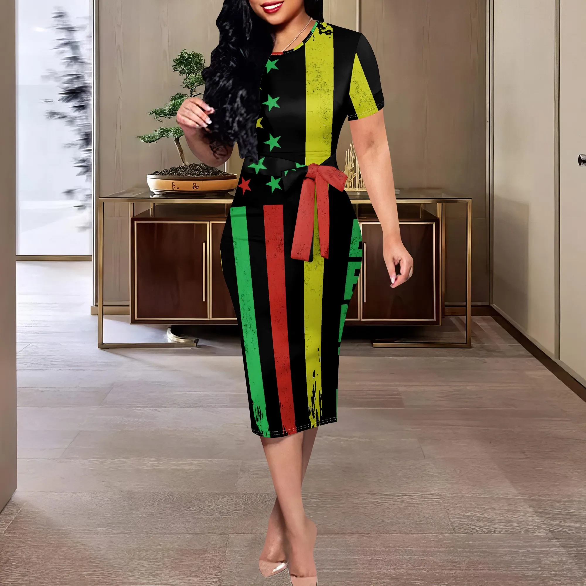 

Pan-African Flag Bodycon Dress XS-3XL – Red Yellow Green Stripe Print for Juneteenth, Black Pride, Festival Wear