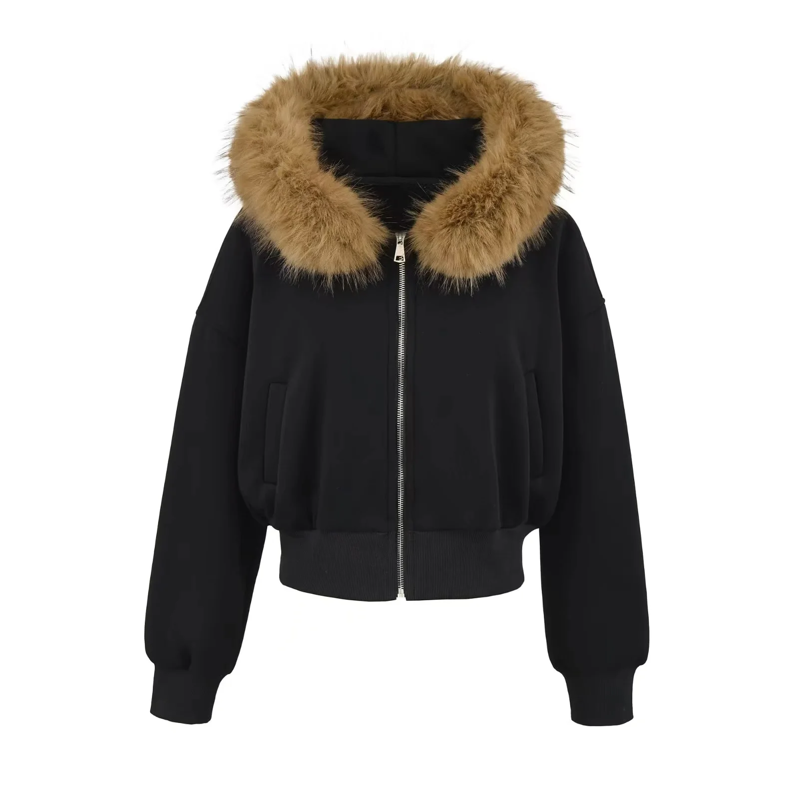 

Черная женская осенне-зимняя куртка с капюшоном, двойной молнией, на флисовой подкладке, приталенного кроя, утепленная, повседневная, модная