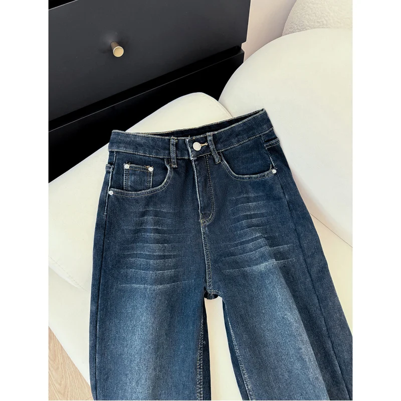 QICHE 2026 Autumn Winter Women Jean Trousers, Blue Straight Fleece Lined High Waist Draping Stretch Hip Concealing Floor Length