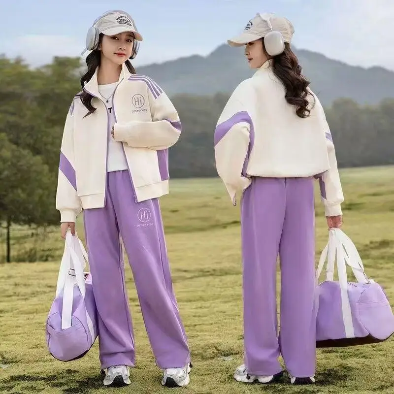 

Контрастная толстовка на молнии для девочек + спортивные штаны для школьников, спортивный костюм из 2 предметов, детский спортивный костюм для бега, студенческий тренировочный комплект для детей 5-16 лет