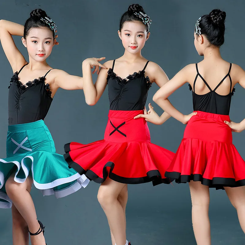 Новый костюм для латинских танцев, детский летний костюм с короткими рукавами, костюм с юбкой на подтяжках для девочек