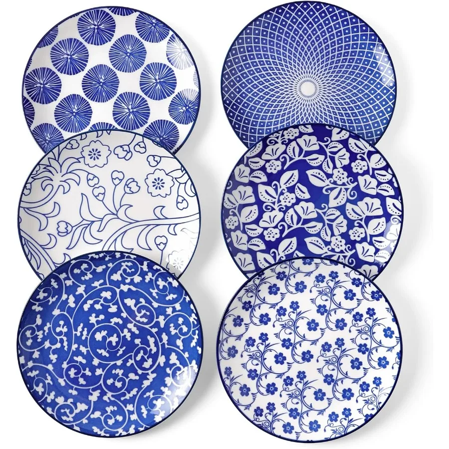 

Ceramic Dessert Plates Set of 6 6 Inch Appetizer Plates for Kitchen Microwave Dishwasher Safe Vintage Blue Design Perfect for E