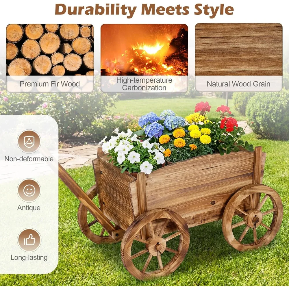 Giantex Wood Wagon Planter, Rustic Rolling Flower Pot Stand with Wheels, Handle & Drainage Hole for Growing Vegetables Herbs,