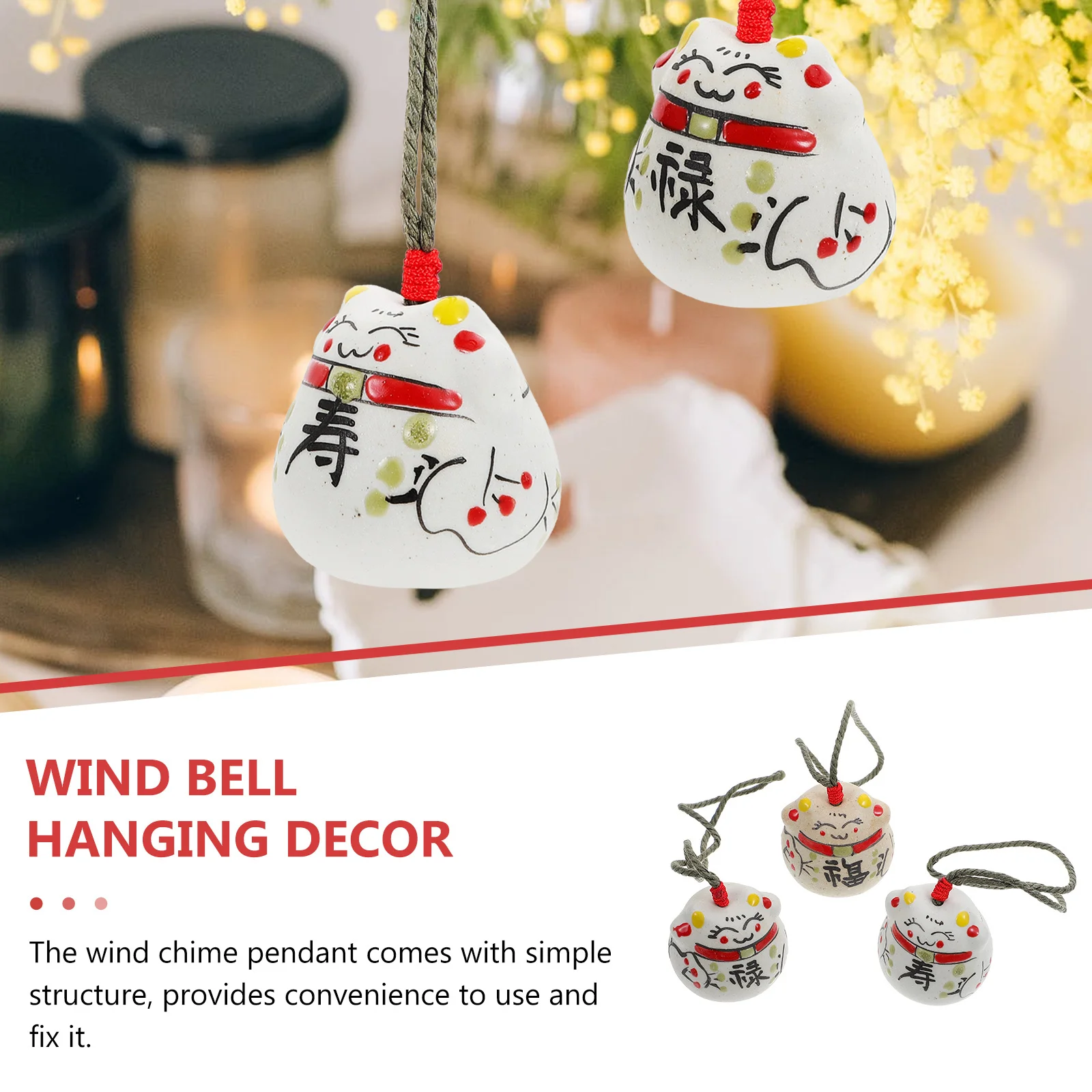 

3Pcs Ceramic Fortune Cat Wind Bell Japanese Inspired Design Hanging Pendant for Patio Porch Garden Indoor Outdoor