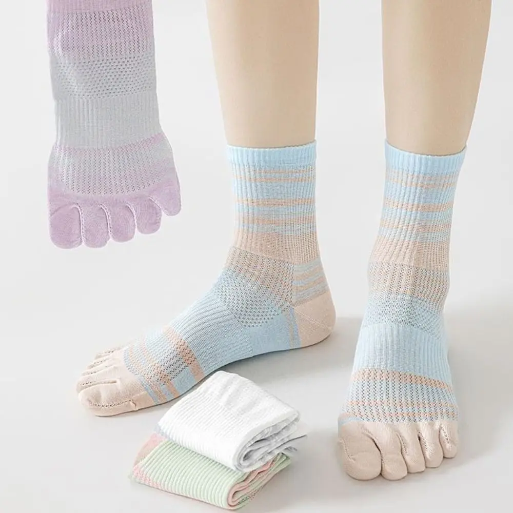 

Patchwork Breathable Five Toe Tube Socks Thin Mesh Cotton Mid-calf Socks Stripe Hosiery Split Toe Socks Girl