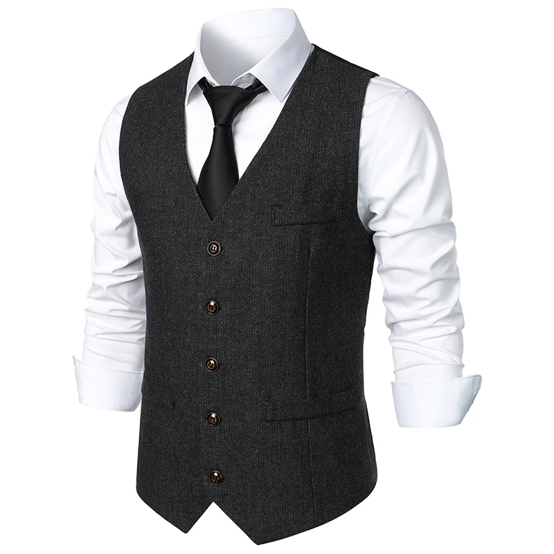 Mens Vest Slim Fit Sleeveless Wool Tweed Waistcoat Men Double Breasted Herringbone Tweed Vest Men Business Casual Gilet Men XXL