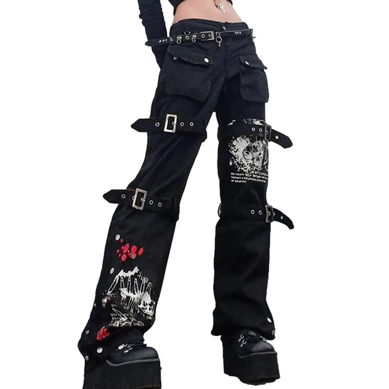 Women High Waist Jeans Autumn Clothes Metal Buckle Belt Pants Female Clothing y2k Streetwear