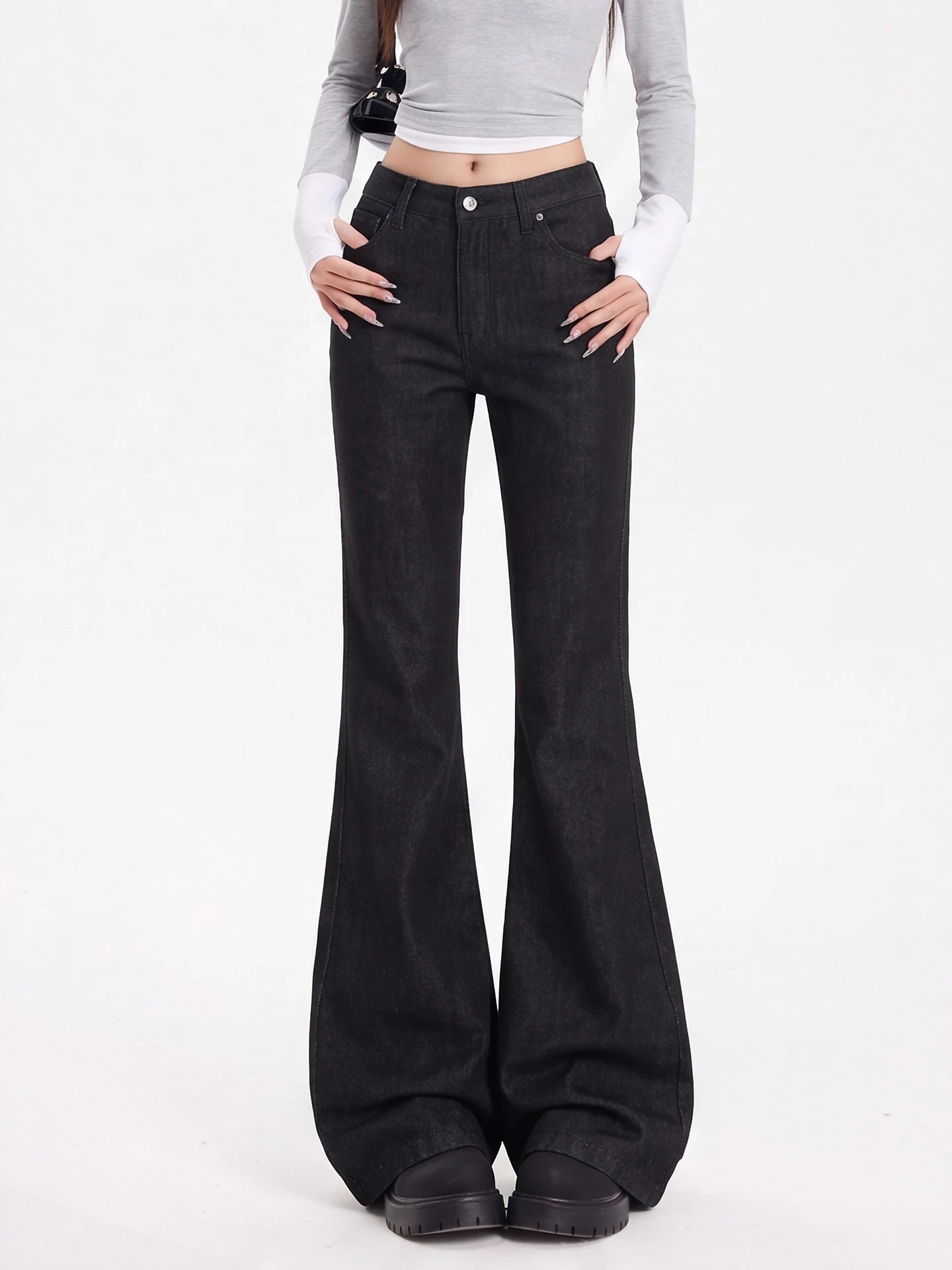 High Waist Flared Jeans Women's Black Wide Leg Long Pants Casual Cotton Blend Floor Length Y2K Trendy Slimming Effect