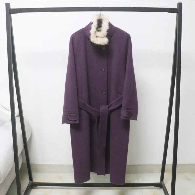 Woolen Straight-lined Stand-up Collar Single-breasted Single-breasted Long Silhouette Double-sided Woolen Overcoat Winter Warmth