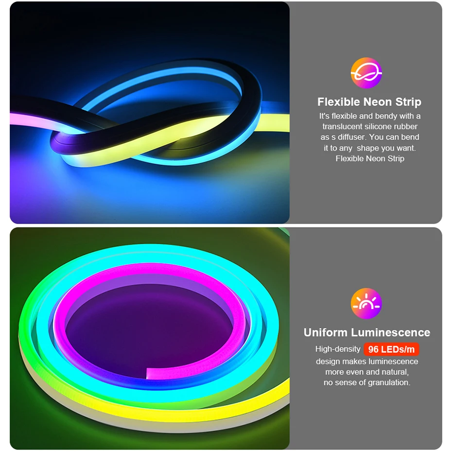 Tuya Wifi LED Neon Strip DC12V 96LEDs/M Silicone Neon Rope Lights with Music Sync RGBIC Dream Color Chasing Strip Tape for Home