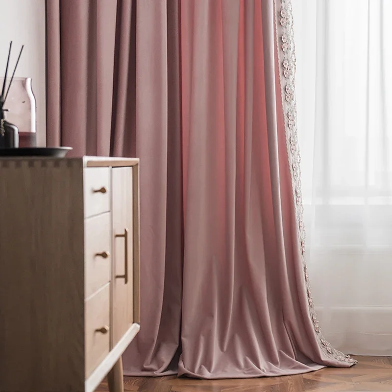 Light Luxury Lace Velvet Pink Curtains Princess Style Blackout Curtains for Bedroom Living Room Finished Product Customization