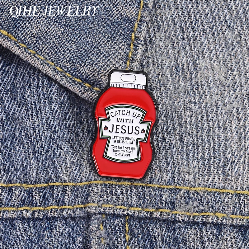 Jesus Ketchup Brooch Enamel Pins CATCH UP WITH JESUS Christian Faith Metal Brooches Lapel Clothes Badge Jewelry Gift for Friends